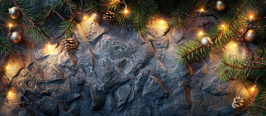 Christmas light stone backdrop Top view with copyspace