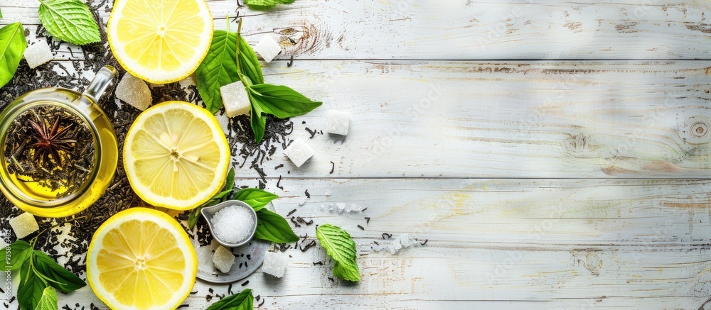 Aufkleber green and black herbal tea variation with lemon rock sugar and an infuser placed on a white wooden t