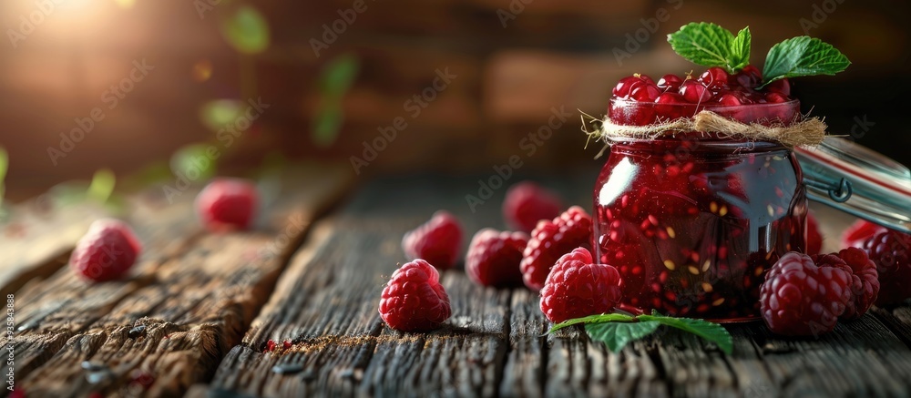 Poster jar of tasty raspberry jam and fresh berries on a wooden table closeup room for text. copy space ima