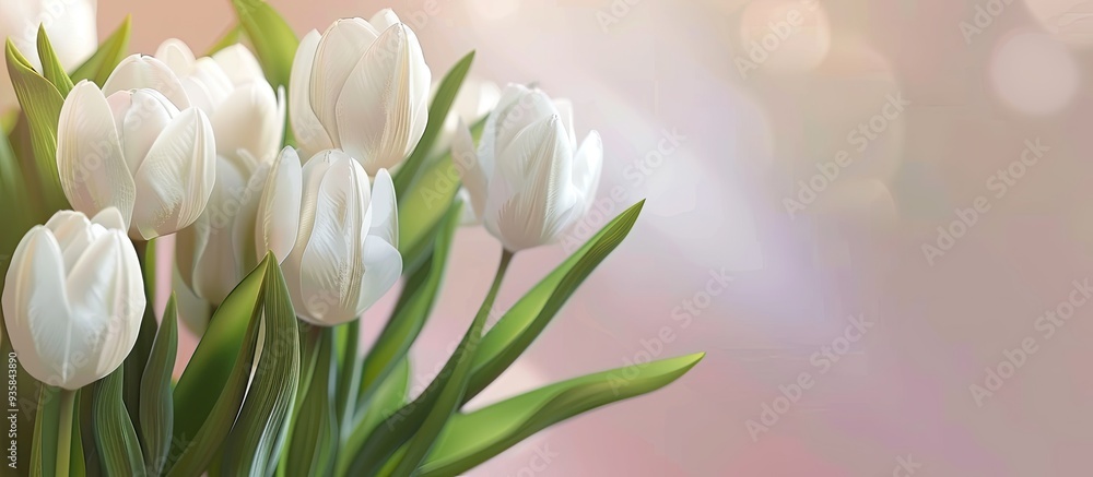 Aufkleber close up of a lovely arrangement of white tulips background. copy space image. place for adding text