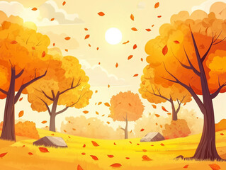Tranquil Autumn Landscape with Golden Leaves and Trees in Sunlight