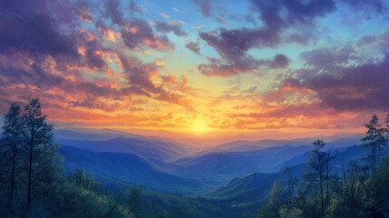 Obraz premium Smoky mountain sunset with generative ai