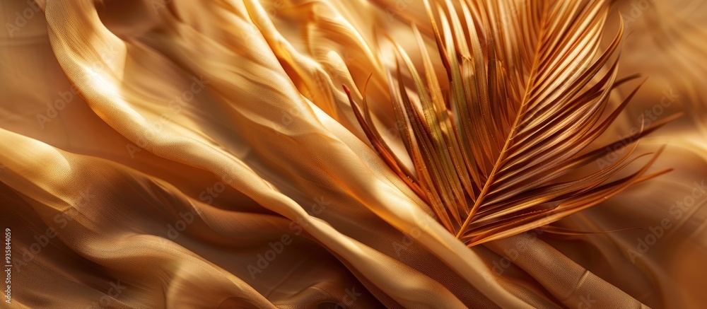 Poster dry tropical palm leaf on soft fabric with prominent folds illuminated by sunlight. copy space image