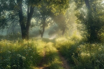 Obraz premium A sunlit path through a misty forest. Perfect for illustrating nature, tranquility, and escape.