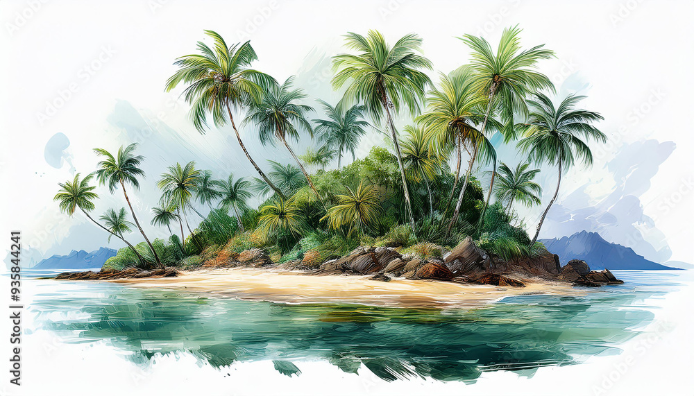 Wall mural textured oil painting of paradise island. blue ocean and palm trees. beautiful nature. hand drawn