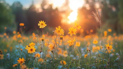 A field of yellow flowers basking in the golden sunset. This serene image captures the beauty of nature, perfect for representing peace, growth, or the joy of summer.