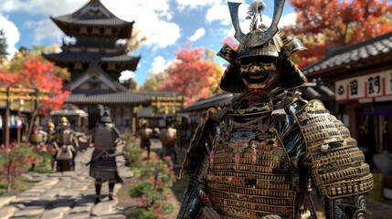 Fototapeta premium Model a samurai in a historical Japanese village setting, with detailed textures on the armor and traditional buildings in the background.