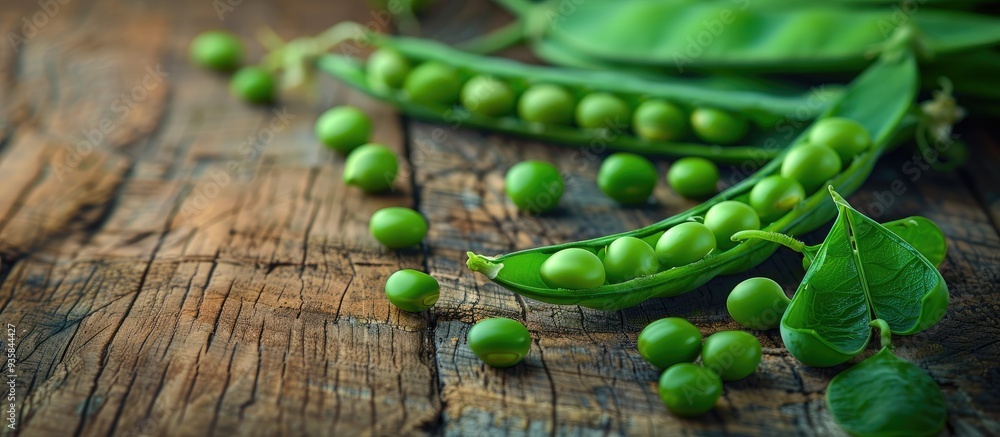 Poster green peas on a wooden table green beans in an open pod on the table numerous green pea pods beans i