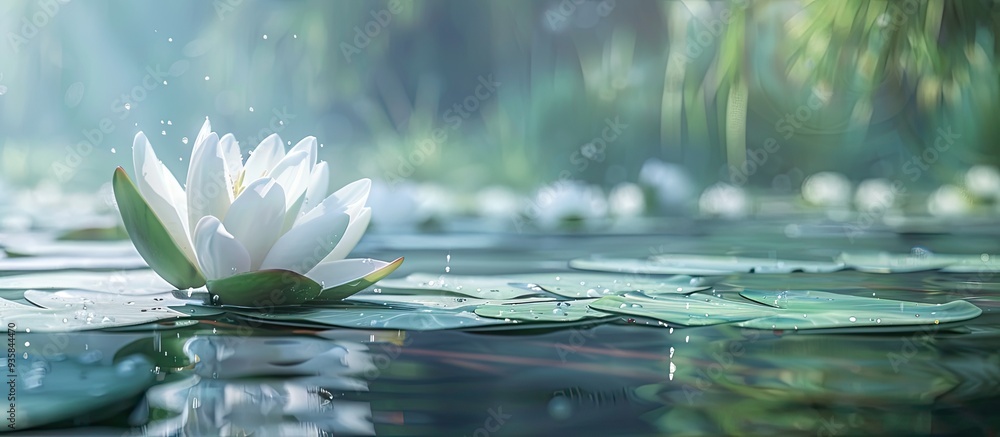 Poster Beautiful white water lily flowering in a lake. Copy space image. Place for adding text and design