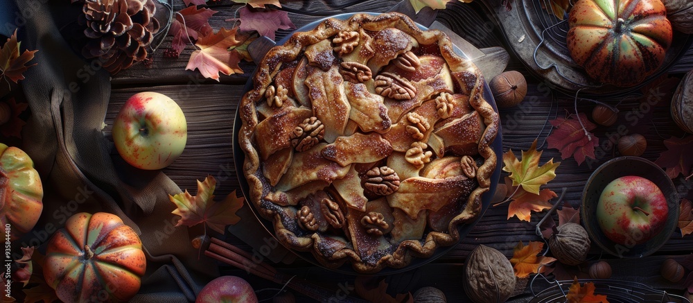 Wall mural Homemade apple pie cobbler and charlotte with walnuts and cinnamon A Thanksgiving dish alongside fall dry leaves on a rustic table Autumn harvest celebration Copyspace for text