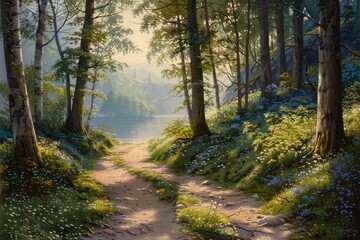 Obraz premium A peaceful forest path leads to a lake. This image is perfect for projects needing a sense of tranquility, nature, and escape.