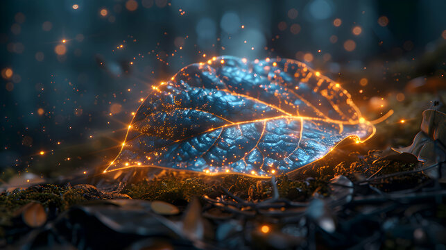 A vibrant macro shot of a leaf with a 3D holographic shape hovering just above its surface