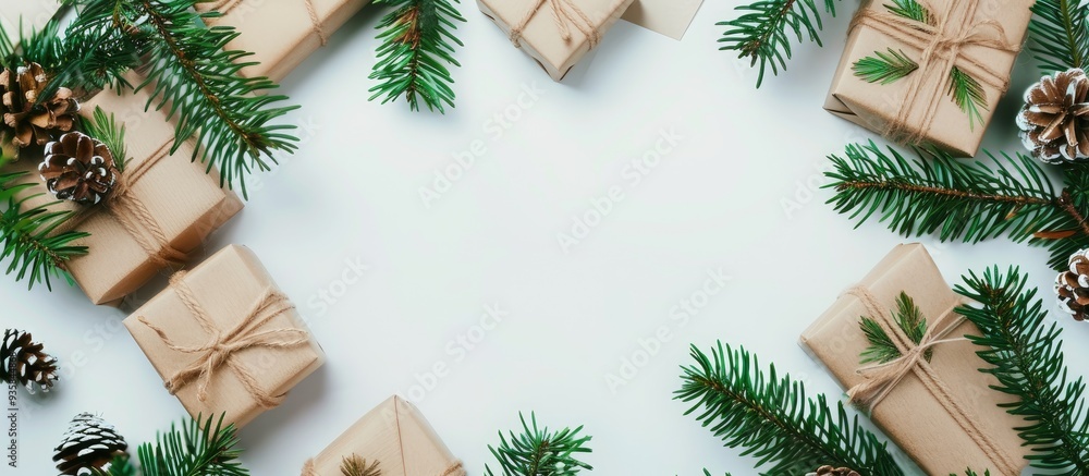 Poster christmas flat lay frame featuring a copy space mockup a composition of present boxes and fir tree b