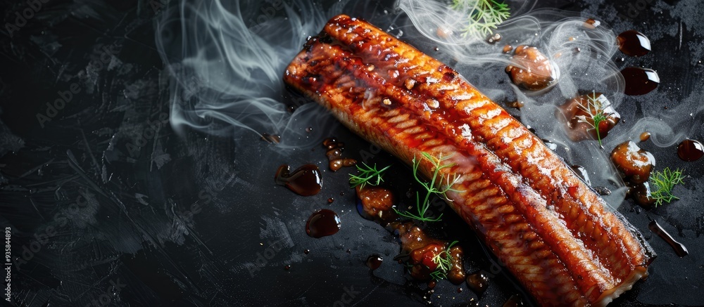 Poster frozen glazed grilled eel. copy space image. place for adding text and design