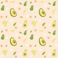 Cute cartoon character avocado peach and flower watercolor hand painting on beige background seamless pattern. 