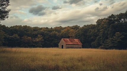 Fototapeta premium Old barn stands alone in a golden field surrounded by trees under a cloudy sky during late afternoon