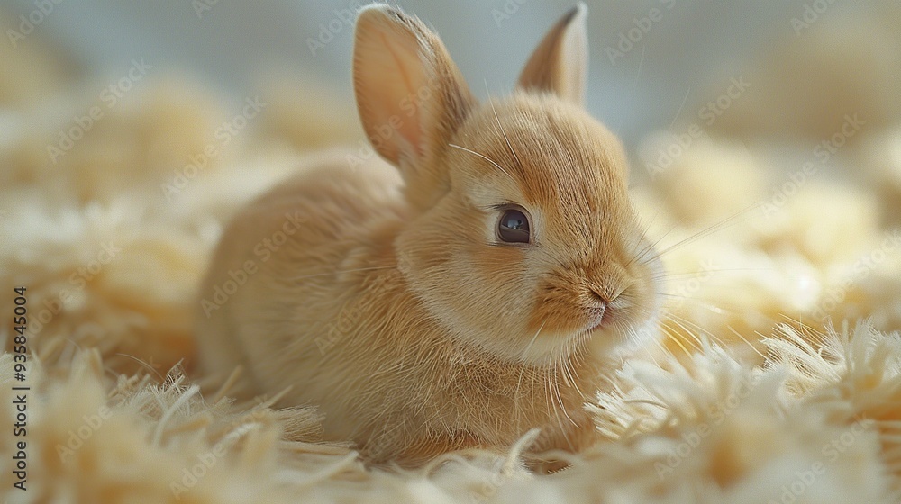 Wall mural adorable baby bunny resting on soft fur