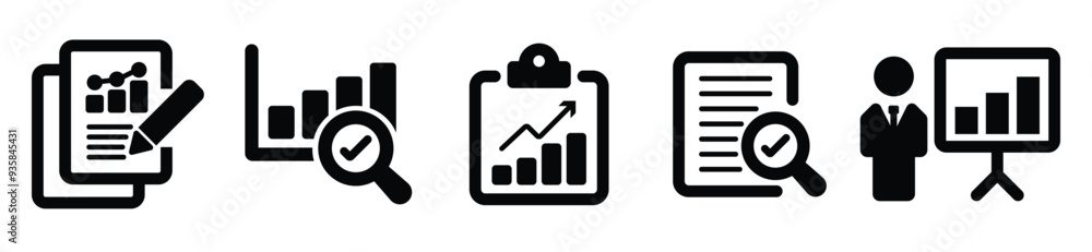 Poster result report icon set. review document icon vector illustration. business analysis concept. stock v