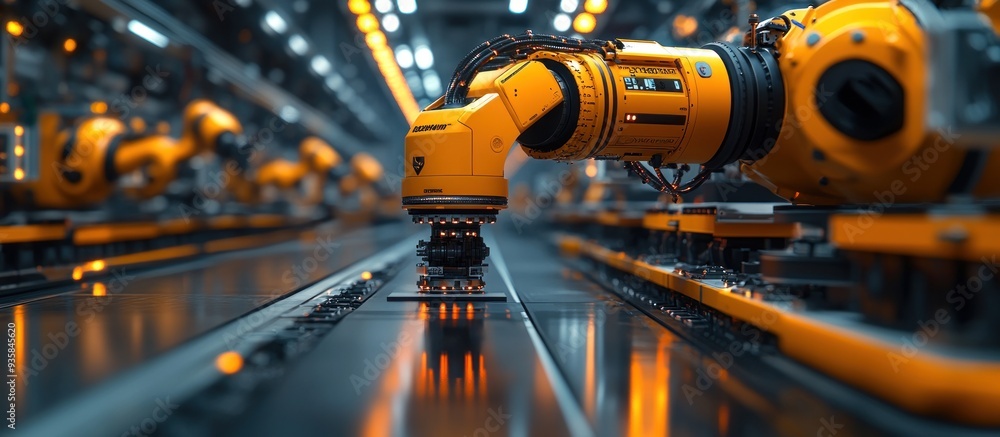 Poster industrial automation robot arm in factory setting