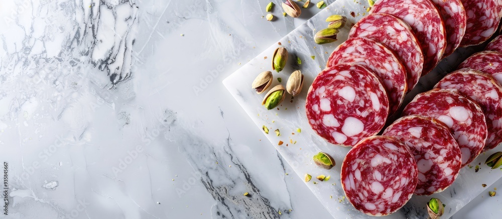 Poster slices of salami sausage with pistachio nuts arranged on a marble board isolated against a white bac