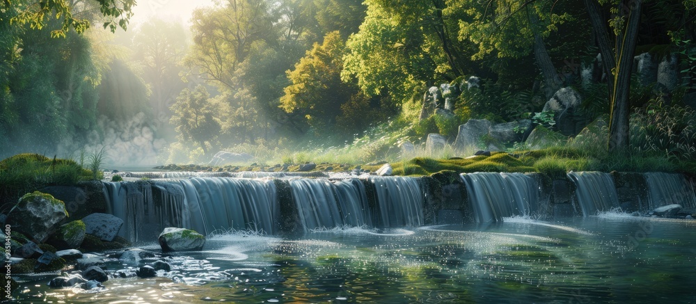 Aufkleber a stream of water cascades through a stone dam on a countryside river. copy space image. place for a