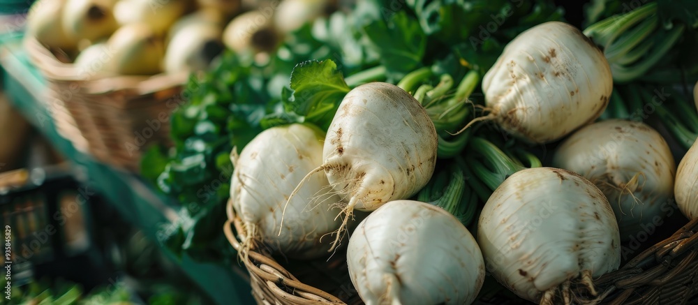 Poster fresh organic turnip displayed at the farmer s market background texture of turnip. copy space image