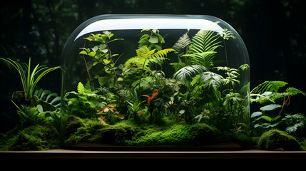 A carefully curated glass terrarium featuring a diverse plantation,
