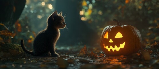 An autumnal Halloween pumpkin lantern and a zombie kitten