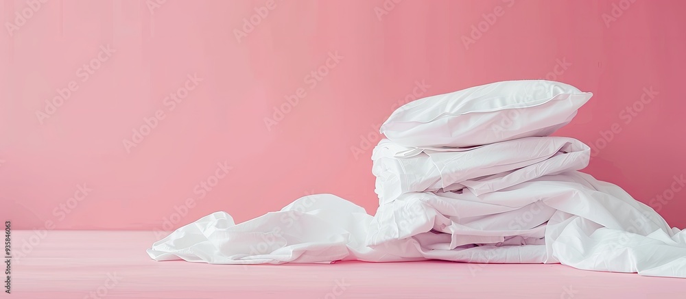 Poster a pile of clean bed sheets on a pink background area for text. copy space image. place for adding te