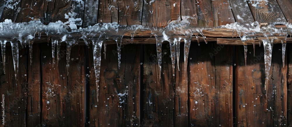 Poster a cluster of icicles on a wooden roof. copy space image. place for adding text and design