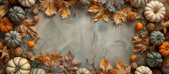 Fototapeta premium Autumn minimal composition A frame created with colorful dried leaves and pumpkins Flat lay top view copy space Background of the autumn season in nature
