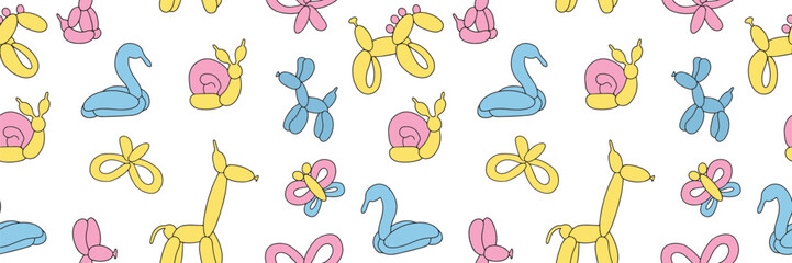 Seamless pattern of colorful balloons. Colorful drawing of inflatable toys made of twisted balloons. Design element for packaging, greeting card, invitation card, print, flyer, banner. Vector. 