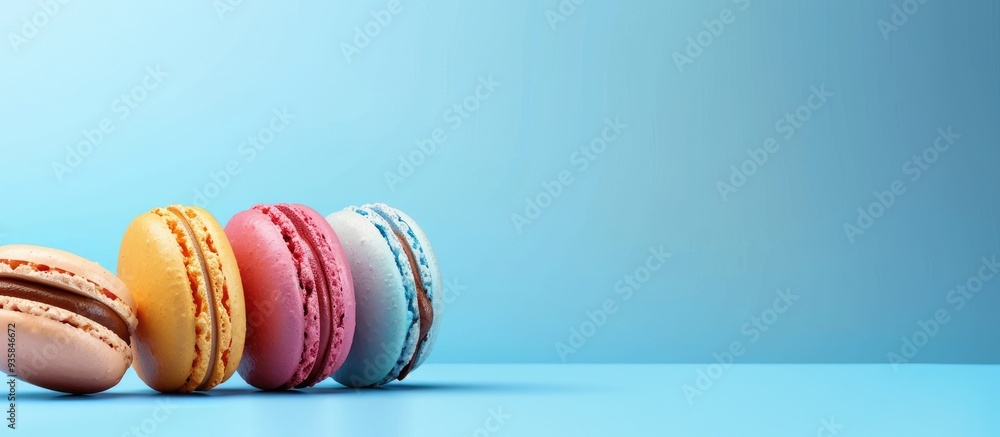 Poster arrangement of tasty macaroons on a blue table a delightful dessert. copy space image. place for add