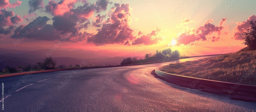 Poster asphalt highway an empty winding road with clouds and sky during sunset. copy space image. place for