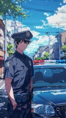 An anime police officer in uniform stands beside a patrol car, watching the lively street under a clear blue sky
