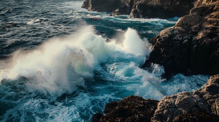 Ocean waves crash against rocky cliffs, echoing the eternal rhythm of nature's power.