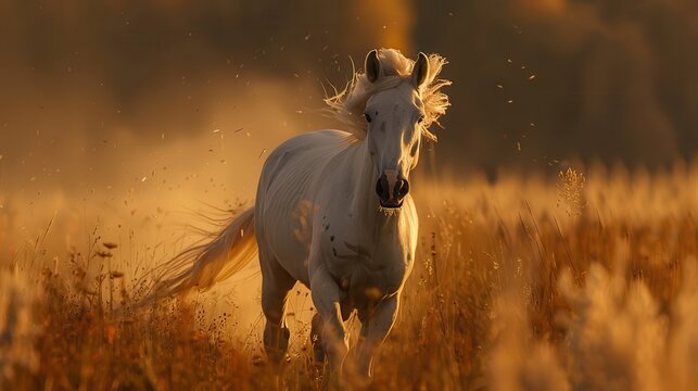Horsemanship Training. White Horse Farm Animal in Nature Environment