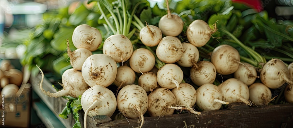 Poster fresh organic turnip displayed at the farmer s market background texture of turnip. copy space image