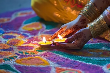 Close-up of hands holding an oil lamp with a decorated diya during a festival. A beautiful woman wearing a colorful traditional dress is celebrating the Indian Diwali celebration at night.