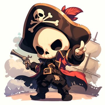 A Cartoon Skeleton Pirate Holding a Pistol With a Ship in the Background