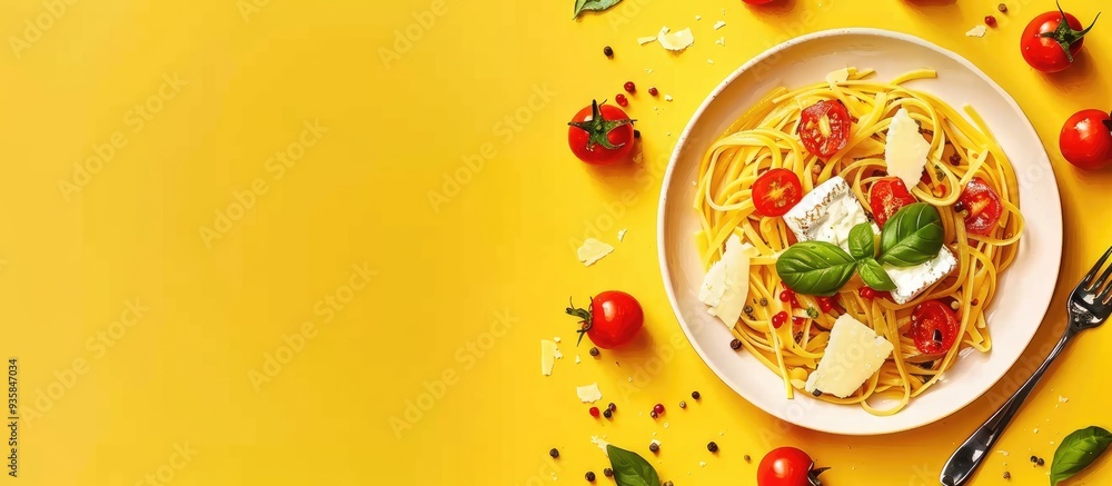 Poster tasty pasta with brie cheese tomatoes basil and cutlery on a yellow background top view room for tex