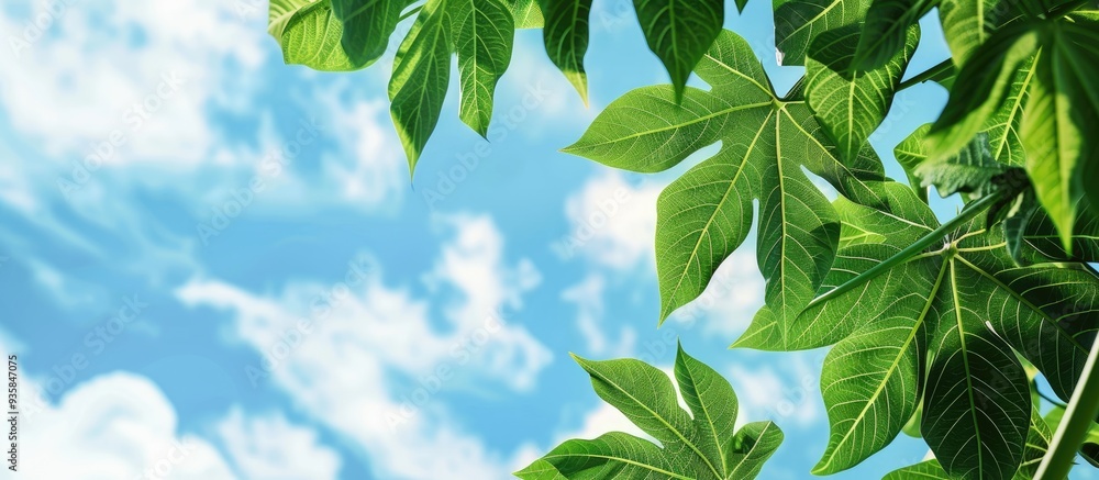 Aufkleber green papaya tree leaves against a backdrop of white clouds and a blue sky. copy space image. place 