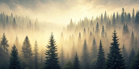 Obraz premium Misty vintage retro landscape featuring a soft beige fir forest with pine trees