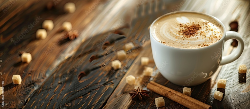 Poster a cup of art latte coffee and brown sugar sticks resting on a dark wood tabletop close up with selec