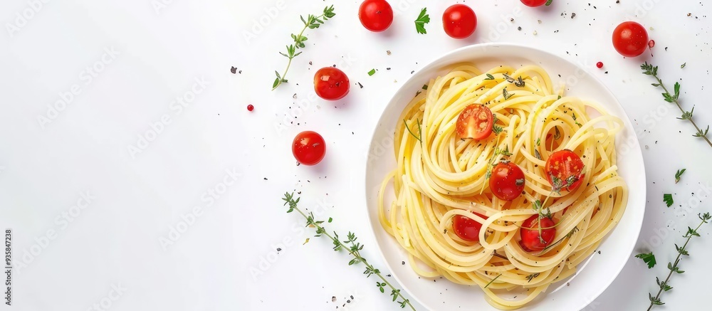 Canvas Prints Spaghetti pasta with sauteed cherry tomatoes and thyme top view White background with copy space horizontal