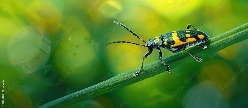 Poster insect on a blade of grass. copy space image. place for adding text and design
