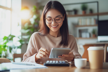 Photo of sad asian woman working on home budget