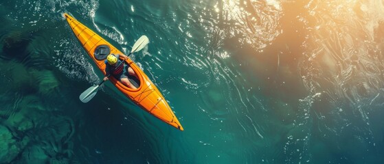 Fototapeta premium A kayaker in a yellow kayak paddles in a river. Sunlight shines on the water, rocks are visible around. The person appears actively steering the kayak.