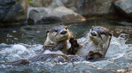 Fototapeta premium Otters playfully swim and slide on their backs, demonstrating playful behavior in rivers and seas.