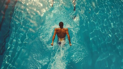 Fototapeta premium Man in pool appears to be swimming, arms outstretched. Seen from back, floating in clear, sunlit water reflecting light, vibrant atmosphere conveys potential for dynamic movement.
